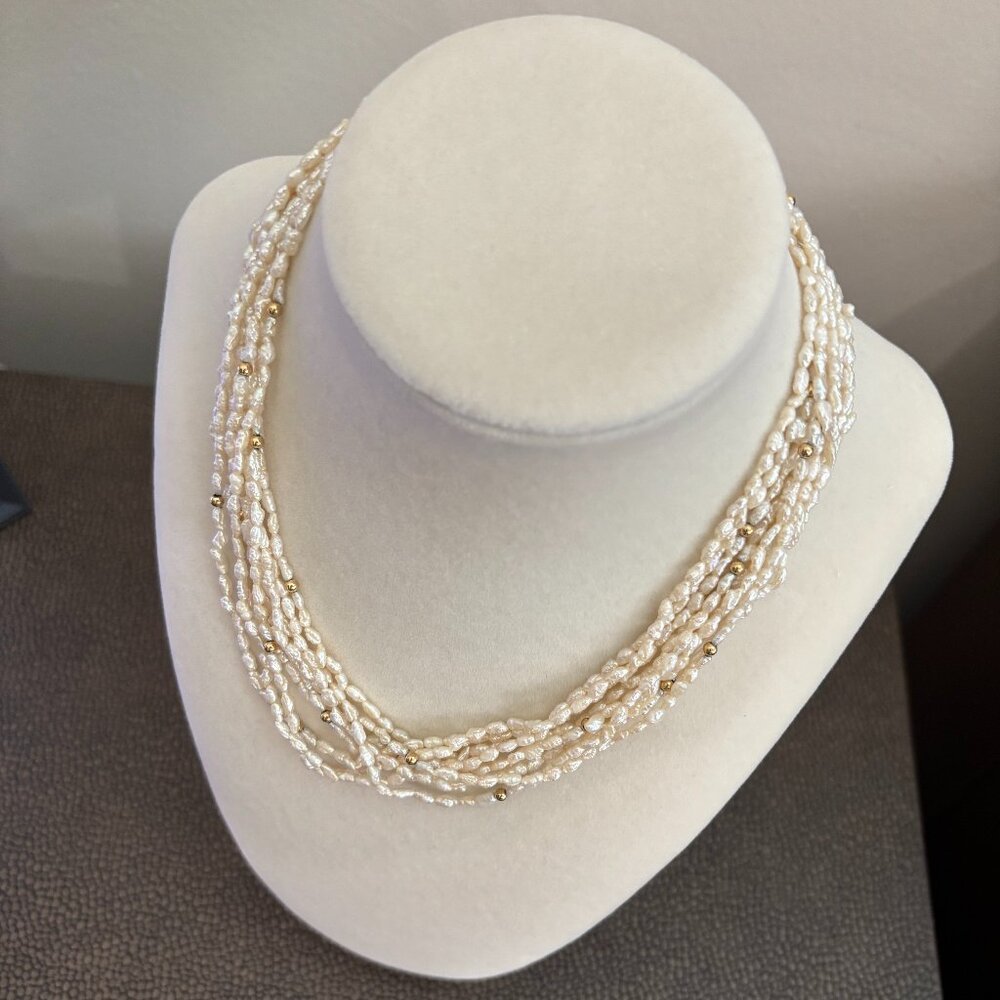 Multistrand 16" Seed Pearl Necklace with 14K gold accent beads and 14K clasp